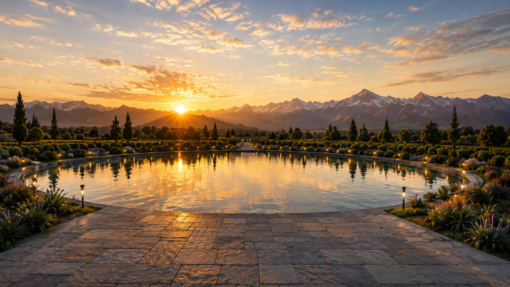 Espejo de agua al atardecer con vistas a la Cordillera