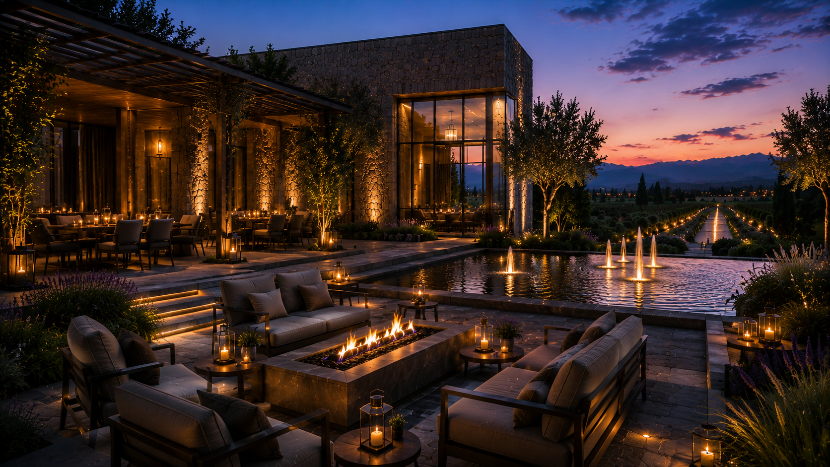 Terraza exterior con áreas de estar junto al agua