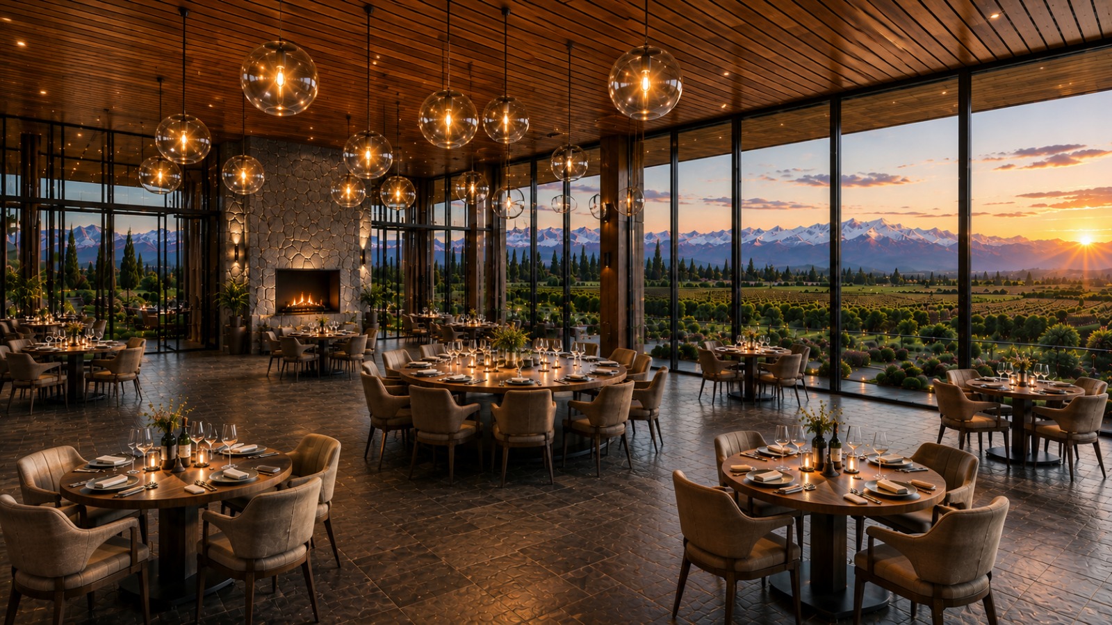 Restaurante con visuales hacia el viñedo y la Cordillera