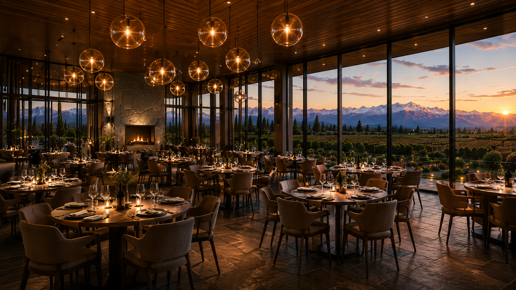 Restaurante con visuales hacia el viñedo y la Cordillera