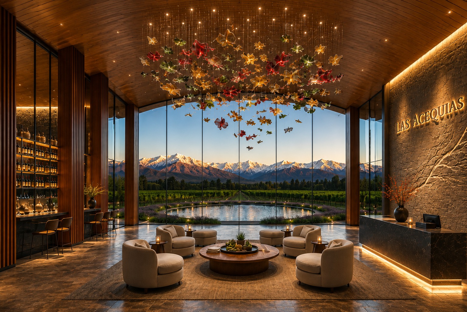 Lobby conceptual de Las Acequias con instalación artística, viñedos, espejo de agua y Cordillera de los Andes