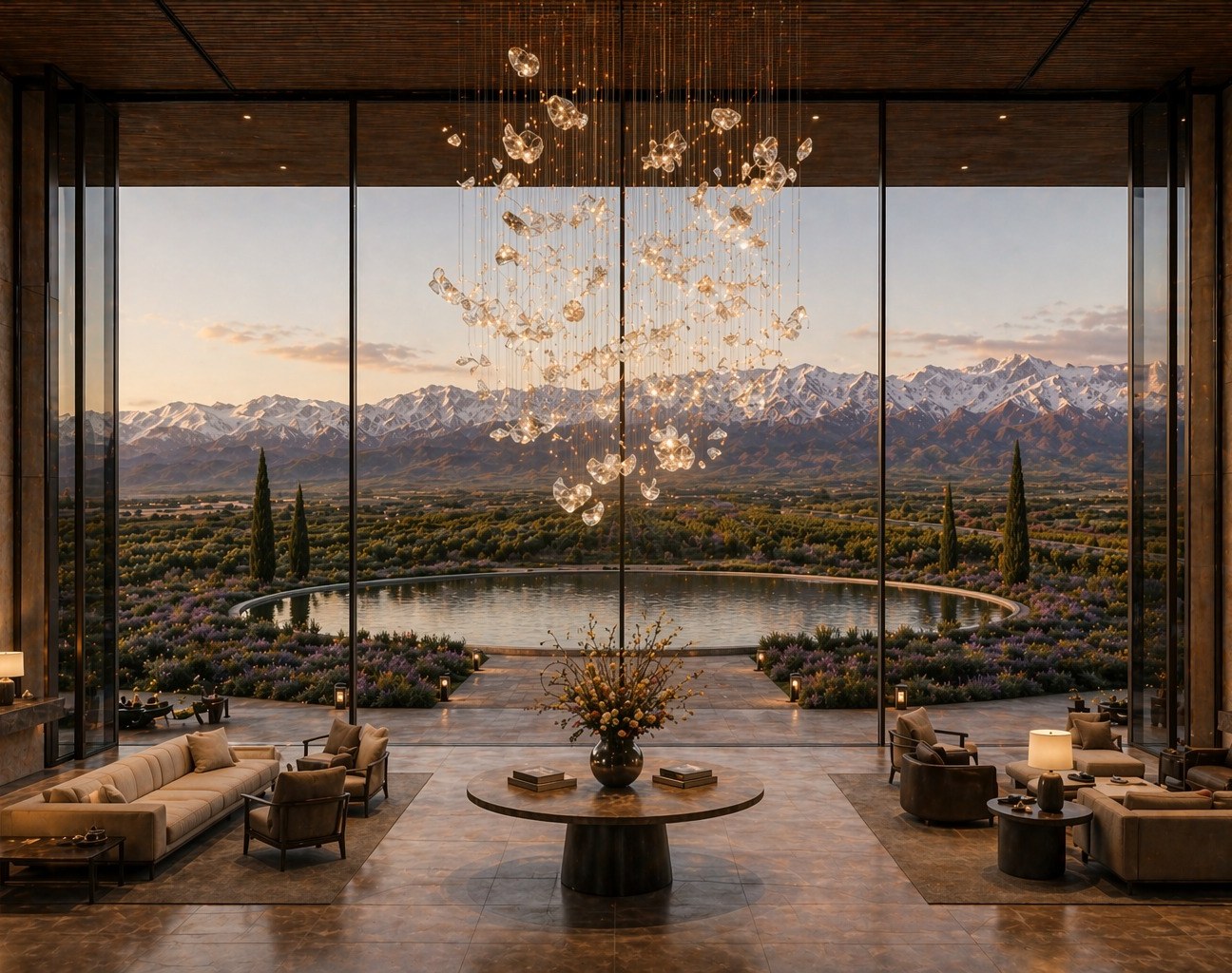 Vista conceptual de lobby con Cordillera de los Andes, viñedos y espejo de agua