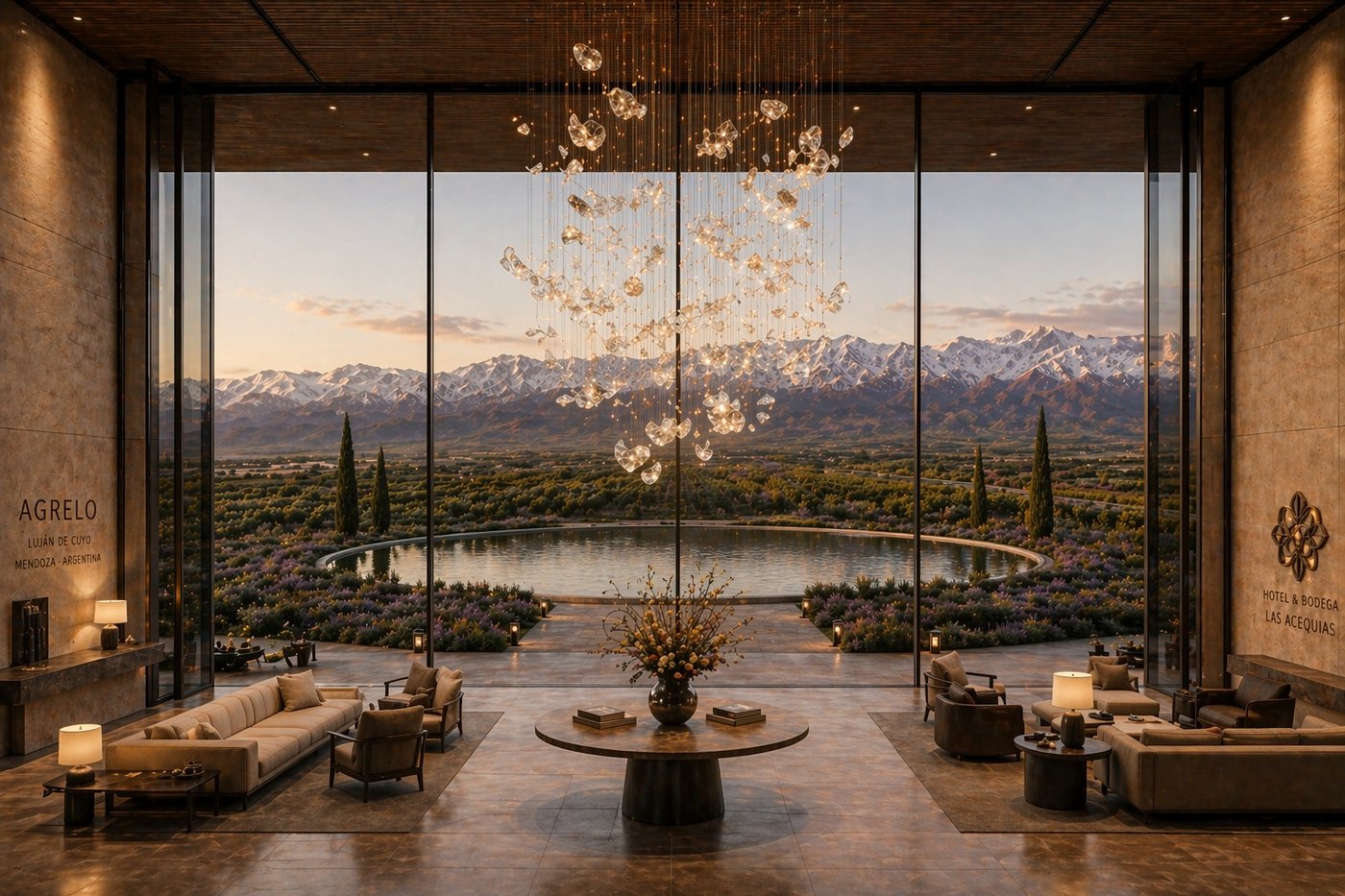 Lobby conceptual con vista a viñedos y Cordillera