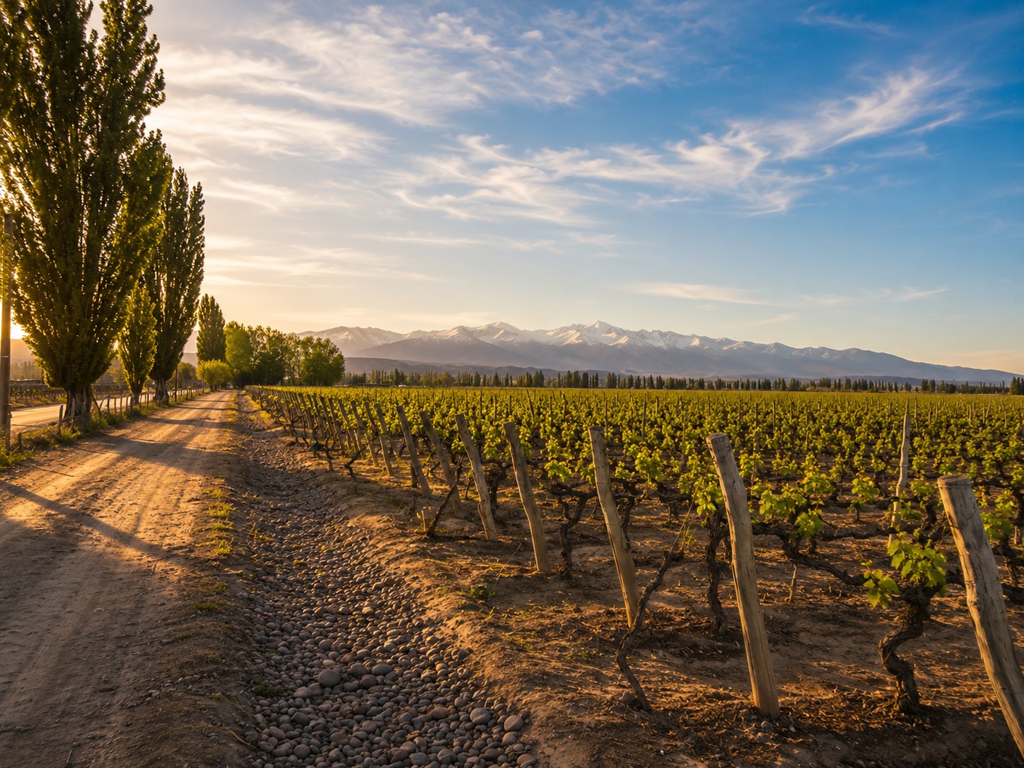 Vista del viñedo y la Cordillera desde la calle Funes