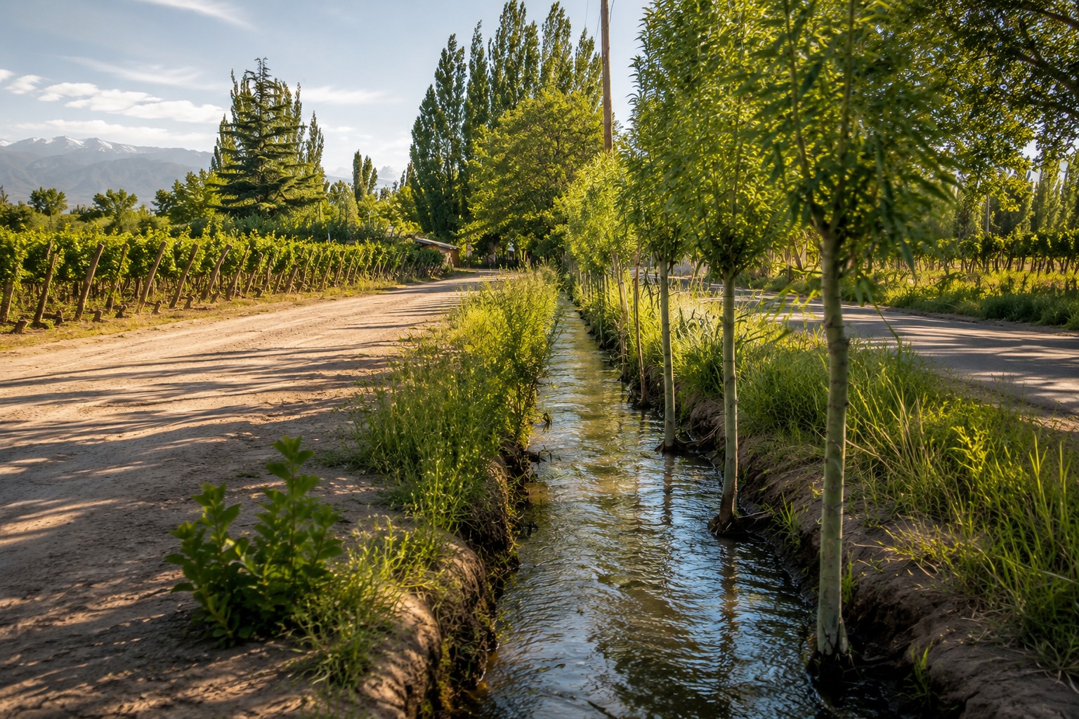 Acequia Cochabamba junto al camino y los viñedos
