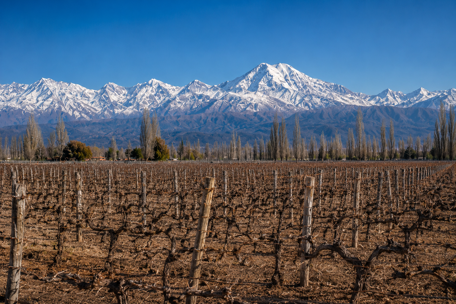 Viñedo en otoño con la Cordillera nevada al fondo