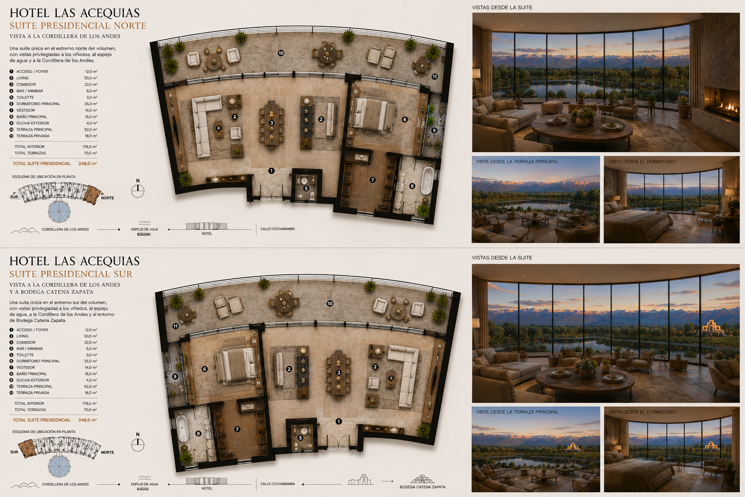 Plantas y vistas de las suites presidenciales norte y sur